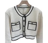 HJUGHPN Cardigan pour femme style noir et blanc - Cardigan court à manches longues - Veste élégante à col rond en tricot (blanc, L)