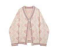 HJUGHPN Cardigan tendance pour femme à manches longues simple boutonnage rose doux imprimé en forme de cœur décontracté ample manteau en tricot