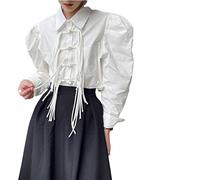 HJUGHPN Chemisier pour femme à revers lâche simple brassière pompon manches longues couleur unie chemisier femme marée