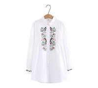 HJUGHPN Chemisier pour femme en coton blanc avec broderie florale - Chemise à manches longues - Haut basique ample pour femme (4XL)