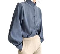 HJUGHPN Chemisiers pour femme - Grande chemise à manches lanternes - Col montant - Chemise vintage de couleur unie (bleu, M)