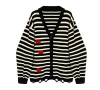 HJUGHPN Femmes Cardigan Femme Rayé Tricot Cardigan Pull Automne Nouveau Chic Forme Col V Mode Vintage Manteau