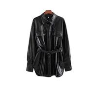 HJUGHPN Manteau d'hiver long en polyuréthane avec ceintures pour femme Noir uni Classique Mode Vêtements d'extérieur (taille L)