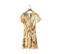 HJUGHPN Mini robe à manches courtes pour femme avec col en V croisé imprimé teint sur nœuds et volants (taille M)