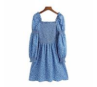 HJUGHPN Mini robe chic tendance smockée élastique imprimé mini robe vintage col carré manches lanterne robes pour femmes (US-Size XS)