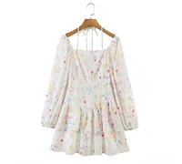 HJUGHPN Mini robe d'automne à manches longues pour femme, col carré, volants, cravate, robe de fée courte (S)