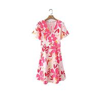 HJUGHPN Mini robe d'été décontractée à lacets et col en V - Manches courtes - Imprimé floral - Rose - Taille L