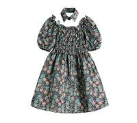 HJUGHPN Mini robe d'été vintage à motif floral pour femme, col carré, plissé, manches bouffantes, taille fine, mini robe pour femme