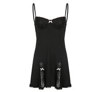 HJUGHPN Mini robe noire pour femme avec bordure en dentelle - Robe sans manches avec nœud - Vêtements gothiques esthétiques