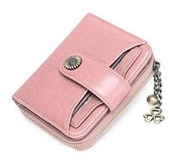 HJUGHPN Portefeuille en cuir véritable pour femme avec fermeture éclair courte et chaîne - Joli petit porte-monnaie - Portefeuille pour femme, rose, Taille unique