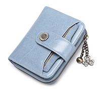 HJUGHPN Portefeuille en cuir véritable pour femme avec fermeture éclair courte et chaîne - Joli petit porte-monnaie - Portefeuille pour femme, bleu, Taille unique