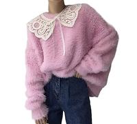 HJUGHPN Pull décontracté pour femme à col rond épais chaud tricoté automne hiver vison cachemire doux lâche mohair pull