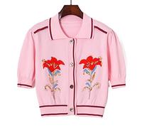HJUGHPN Pull d'été pour femme - Cardigan court - Chemise courte pour femme - Broderie de perles - Bouton à revers - Cardigan fin (L)