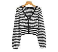 HJUGHPN Pull en tricot pour femme style automne/hiver rayé imprimé col en V simple boutonnage manches lanterne cardigan veste vêtements (taille US M)