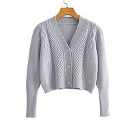 HJUGHPN Pull en tricot pour femme - Style cardigan de couleur unie pour l'automne et l'hiver - Vêtements courts (gris)