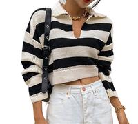 HJUGHPN Pull Femme Automne et Hiver Pull Tricoté Femme Col Polo Rayé Pull Blouse