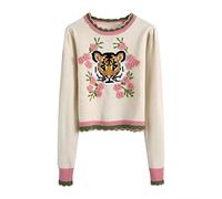 HJUGHPN Pull Femme Broderie Pull Femme Automne Hiver Col Rond Manches Longues Tricoté Top Cardigan Femme (S)