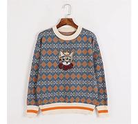 HJUGHPN Pull femme diamant col rond tricot automne et hiver pull femme contraste couronne chaton broderie pull (M)