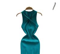 HJUGHPN Pull Femme Dos Ouvert Sexy Femme Robe Tricotée Été Col Rond Slim Solide Sans Manches Femme A-line Midi Robe