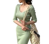 HJUGHPN Pull Femme été et Automne Robe Femme Col V Tricoté Taille Haute Bas Elastique Sexy Longue Robe