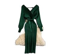 HJUGHPN Pull Femme Robe Tricot Brillant Sexy Col en V Manches Bouffantes Manches Élastique Tricot Combinaison Automne Solide Nœud Ceinture Crayon Robe