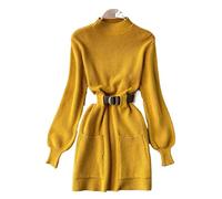 HJUGHPN Pull pour femme avec ceinture - Jupe tricotée à manches longues - Col montant - Couleur unie - Mini robe pull épaisse pour femme