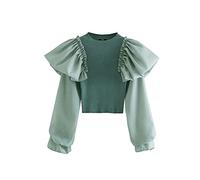 HJUGHPN Pull pour femme Mode à volants Patchwork Court Pull tricoté à manches longues Stretch Slim Femme Pulls Chic Tops