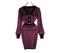 HJUGHPN Pull pour femme - Robe pull à carreaux - Col en V - Manches longues - Tricot fin - Automne - Série A - Mini robe décontractée et chaude