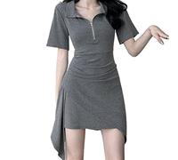 HJUGHPN Robe à manches courtes pour femme avec fermeture éclair - Mini ligne A - Taille haute - Design sexy - Style urbain décontracté chic - Basique - Gris - XXL