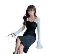 HJUGHPN Robe à manches longues pour femme - Élégante et chic - Patchwork - Col carré - Sexy - Printemps - Automne - Décontractée - Confortable - Convient pour les adolescentes - Noir