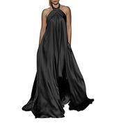 HJUGHPN Robe bohème pour femme - Robe longue en satin - Dos nu - Sans manches - Épaules dénudées - Noir - 5XL