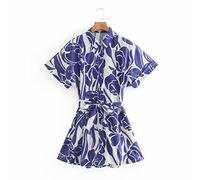 HJUGHPN Robe chemise vintage à manches courtes avec imprimé floral pour femme - Col rabattable, nœud papillon - Robe chic - Bleu - Taille L