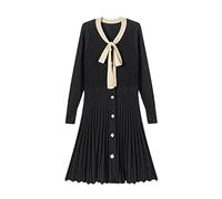 HJUGHPN Robe courte plissée avec nœud papillon et bouton en perles pour femme Noir