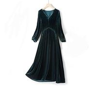 HJUGHPN Robe d'automne décontractée en velours pour femme - Col en V - Longue robe de fête à volants - Vert (L)