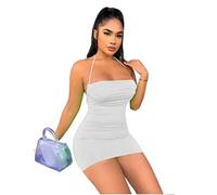 HJUGHPN Robe d'été à lacets pour femme, robe midi sans manches, dos nu, tenue de fête élégante, vêtements de club sexy (blanc, XL)