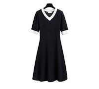 HJUGHPN Robe d'été ample en soie glacée tricotée couleur contrastée col en V Noir (7XL)