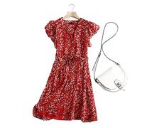 HJUGHPN Robe d'été élégante à manches volantes pour femme - Imprimé floral rouge - Avec ceinture - Taille L