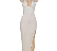 HJUGHPN Robe d'été moulante pour femme, dos nu, dos nu, mi-longue, fendue, robe de fête, club, sans manches, plage (S)
