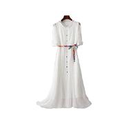 HJUGHPN Robe d'été pour femme en soie artificielle élégante à manches courtes - Robe de fête blanche décontractée avec ceinture colorée - Taille M
