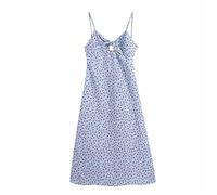 HJUGHPN Robe d'été pour femme - Robe longue à motif floral bleu - Robe midi dos nu - Robe sexy sans manches - Taille XS