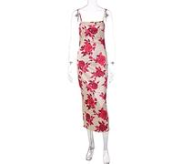 HJUGHPN Robe d'été sexy pour femme avec bretelles - Imprimé floral - Robe midi moulante en satin - Tenue de soirée d'anniversaire élégante (S)