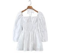 HJUGHPN Robe élégante à col carré en jacquard à manches bouffantes pour femme - Robe courte - Taille M