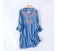 HJUGHPN Robe en jean brodée à manches longues pour femme, robe d'été ample en coton, jolie robe bleu clair (taille M)