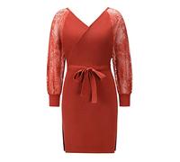 HJUGHPN Robe en tricot en dentelle pour femme - Robe élégante à manches longues et col en V - Robe élégante avec ceinture (rouge vin, XXL)
