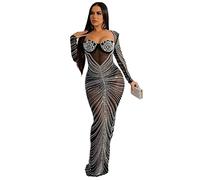 HJUGHPN Robe longue élégante et sexy pour femme, robe de bal à manches longues, robe diamant vintage (Noir, M)