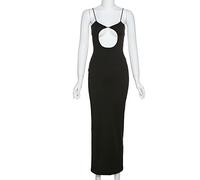 HJUGHPN Robe longue pour femme dos nu avec bretelles spaghetti - Robe sexy pour femme - Noir - Tenue d'été pour fête de plage (taille M)