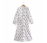 HJUGHPN Robe midi blanche florale pour femme, robe élégante à manches longues avec ceinture nouée, robes chics et décontractées (M)