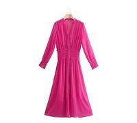 HJUGHPN Robe midi en mousseline de soie plissée unie avec col en V et manches longues pour femme (L)