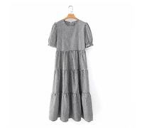 HJUGHPN Robe midi plissée à col rond et manches bouffantes pour femme Motif écossais Taille S
