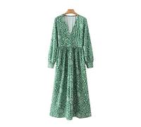 HJUGHPN Robe midi plissée avec boutons à imprimé floral vintage avec col en V et manches longues pour femme (taille américaine L)